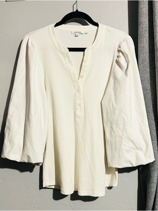Chico's Tops - Chico's Cream Mixed Media Faux Leather Puff Sleeved Henley Top,   Large/2